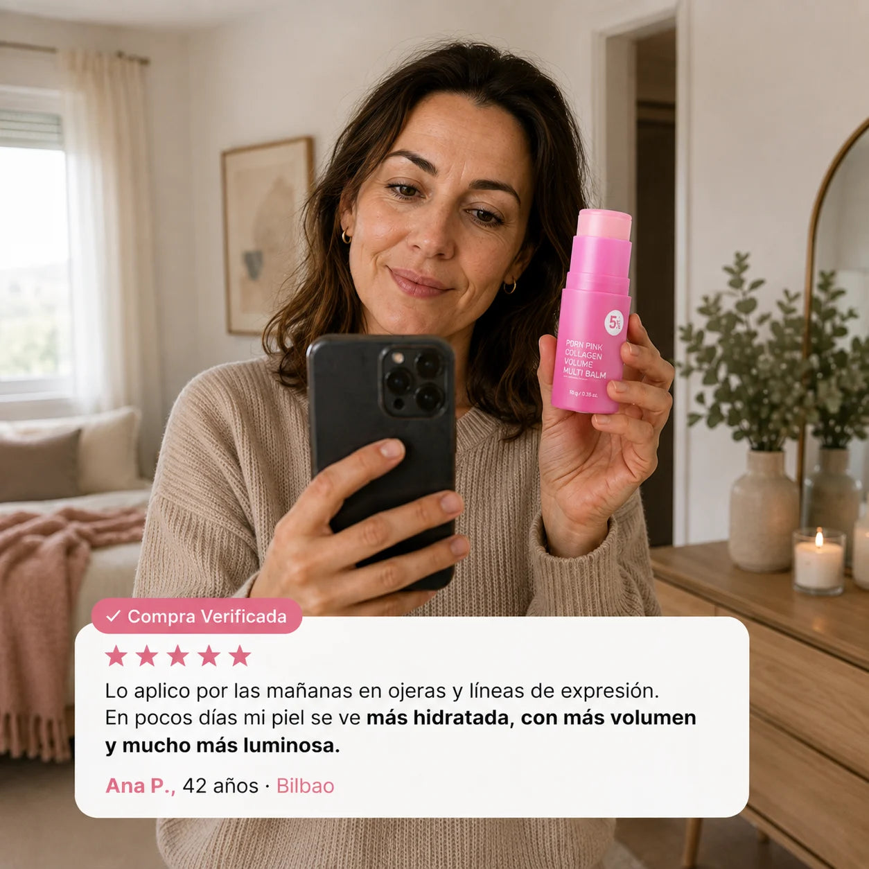 Clienta enseñando el bálsamo, con su reseña verificada