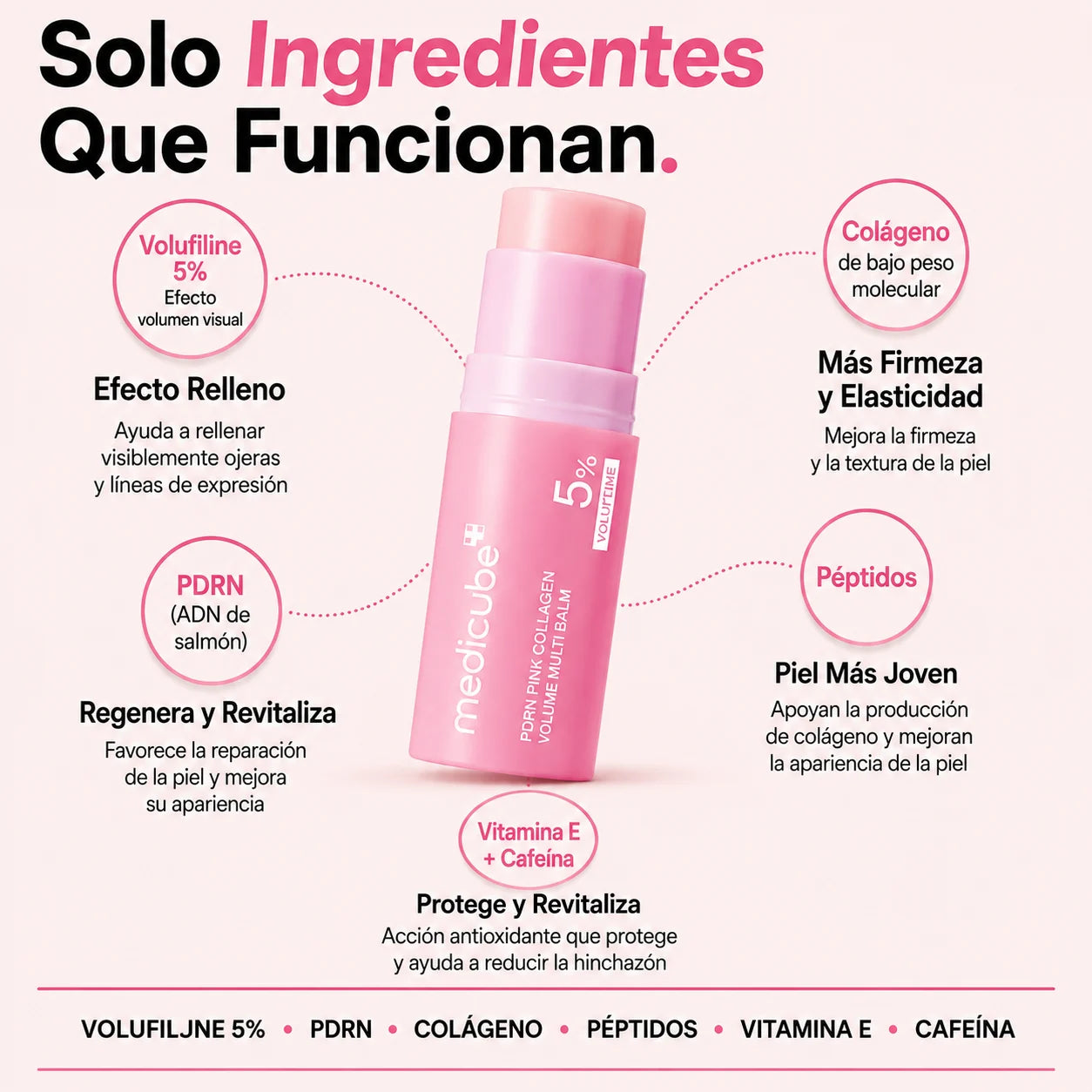 Los ingredientes del bálsamo: volufiline, PDRN, colágeno, péptidos, vitamina E y cafeína