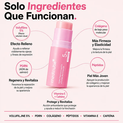 Los ingredientes del bálsamo: volufiline, PDRN, colágeno, péptidos, vitamina E y cafeína